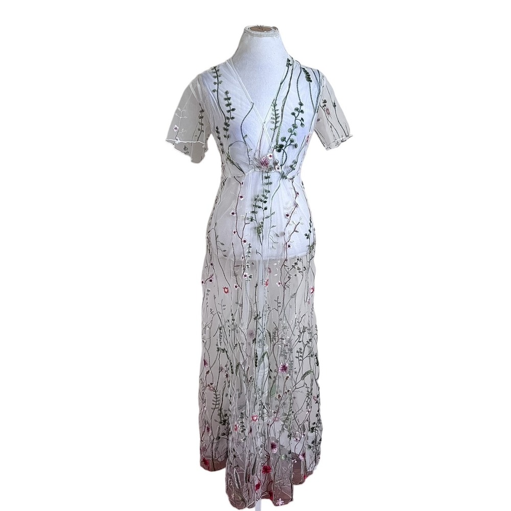 EleStory Floral Embroidered Sheer Boho Maxi Dress Small Fairy Ethereal Mesh USA